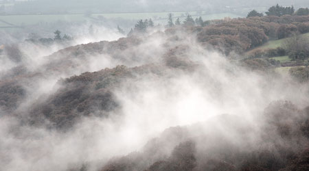 Wispy mist rising through the Dart Valley